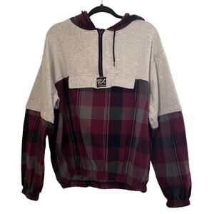 Vintage Surf Style Hoodie Sweatshirt Plaid Mixed Media Mens One Size